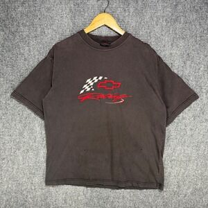 Vintage Chevrolet Racing Embroidered Tee Mens XL Faded Black Distressed Chevy
